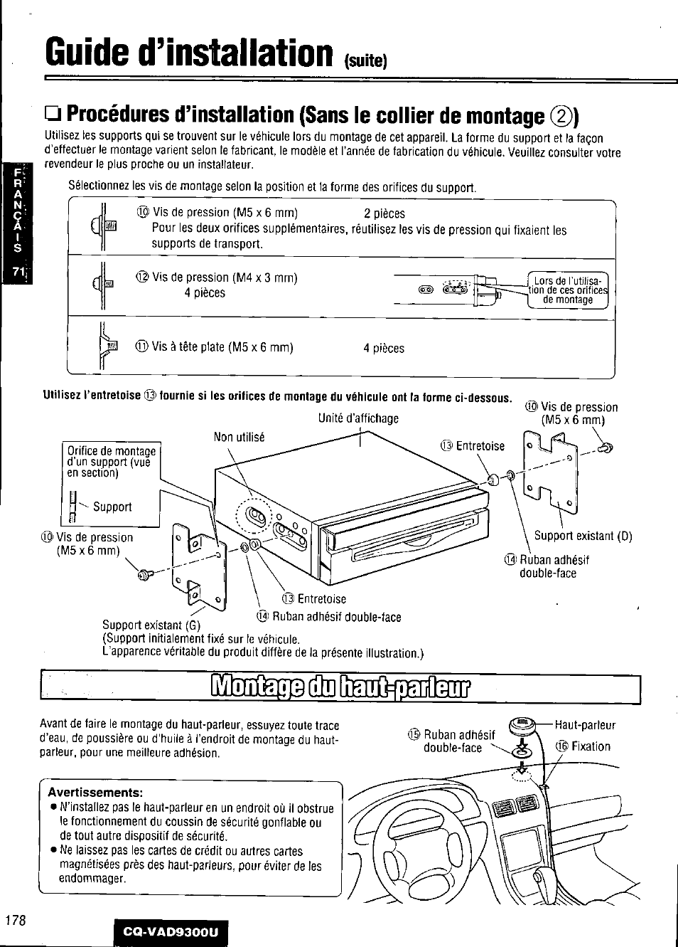 Guide d’installation, Avertissements | Panasonic CQ VAD9300U User Manual | Page 178 / 304