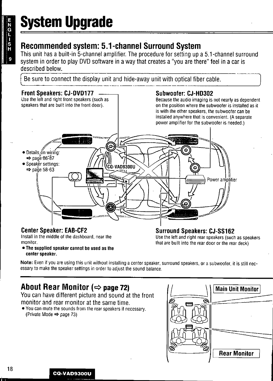 System upgrade, Recommended system: 5.1-channel surround system, Subwoofer: cj-hd302 | Center speaker: eab-cf2, About rear monitor (>=> page 72) | Panasonic CQ VAD9300U User Manual | Page 18 / 304