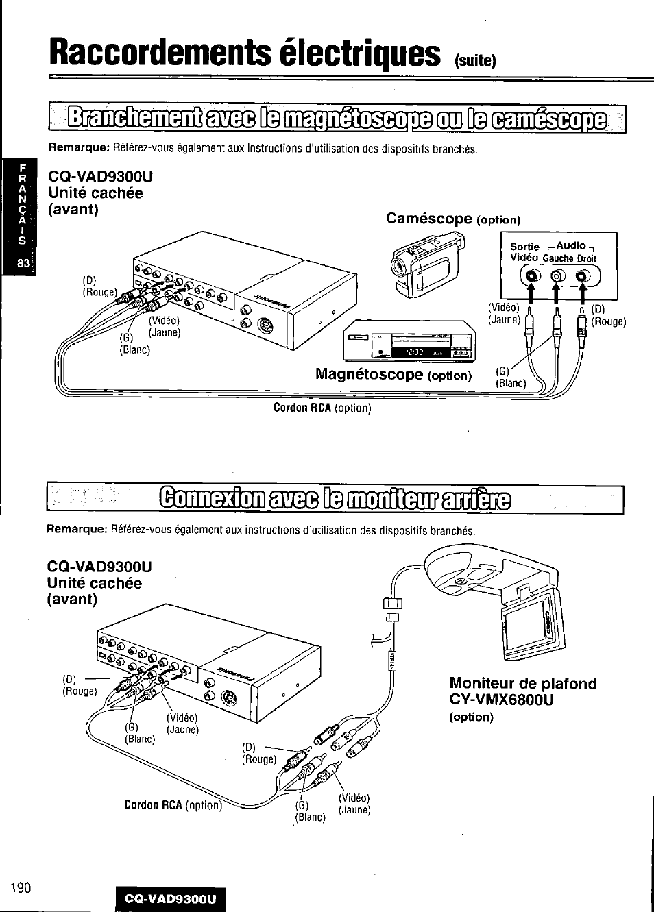 Raccordements électriques, Cq-vad9300u unité cachée (avant), Bîqnmnï] as | Œûît | Panasonic CQ VAD9300U User Manual | Page 190 / 304
