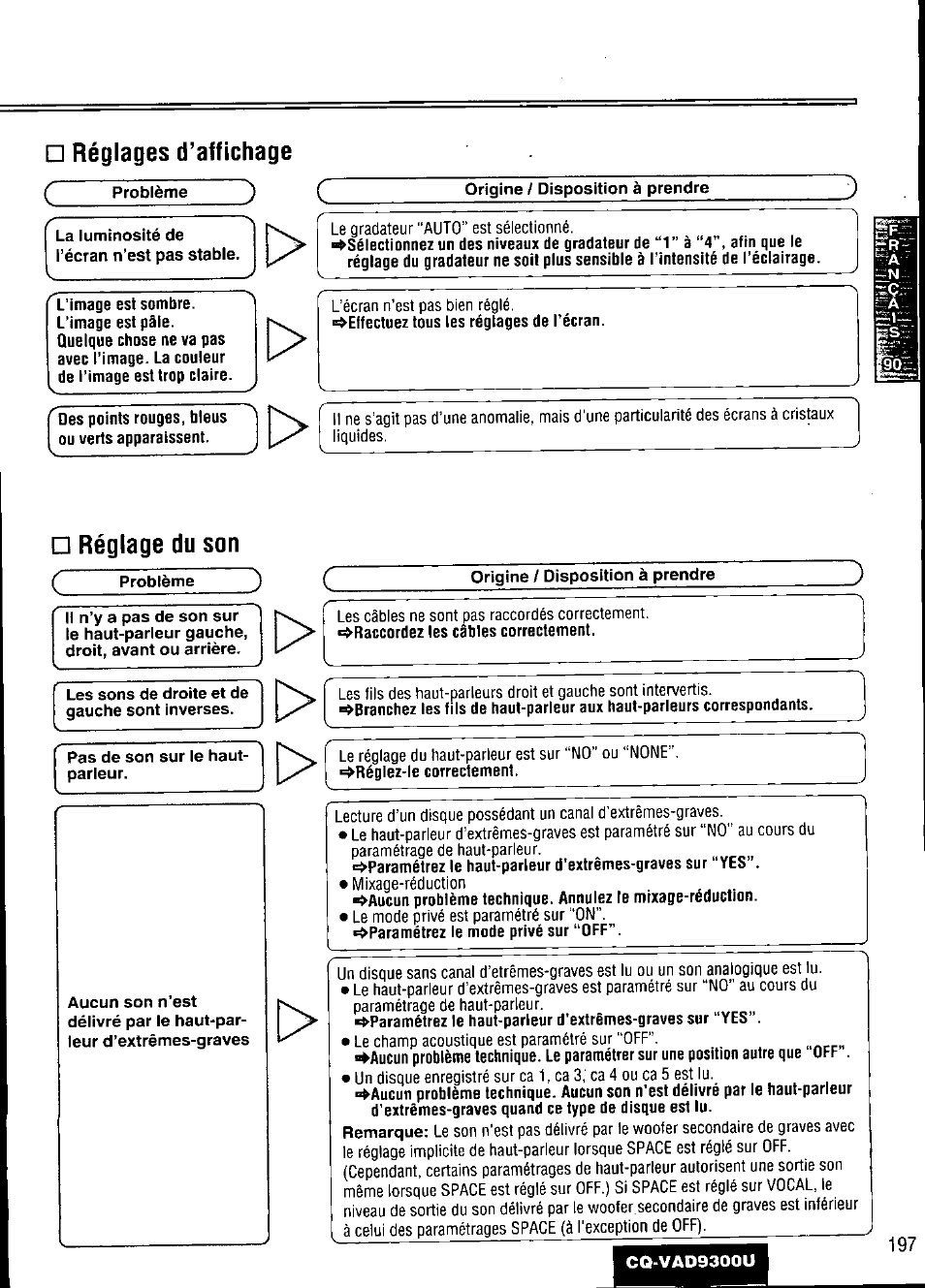 Réglages d’affichage, Réglage du son, T> o d | Panasonic CQ VAD9300U User Manual | Page 197 / 304