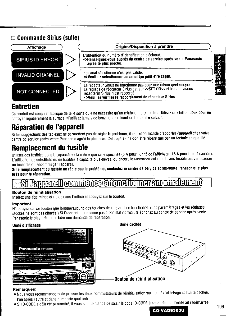 Origine/disposition à prendre, Entretien, Réparation de l’appareil | Remplacement du fusible, Bouton de réinitialisation, Remarques, Commence | Panasonic CQ VAD9300U User Manual | Page 199 / 304