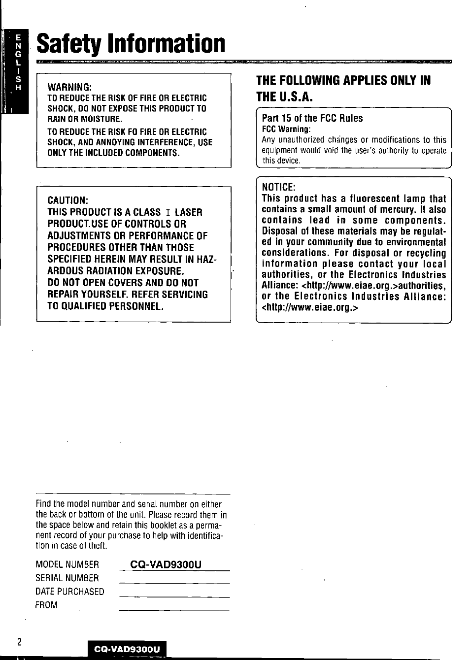 Safety information | Panasonic CQ VAD9300U User Manual | Page 2 / 304