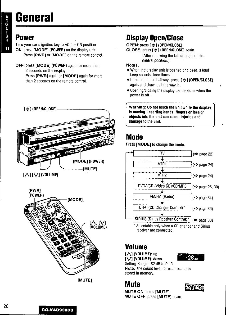 General, Power, Display open/close | Mode, Volume, Mute, Л] [v, Up [v | Panasonic CQ VAD9300U User Manual | Page 20 / 304