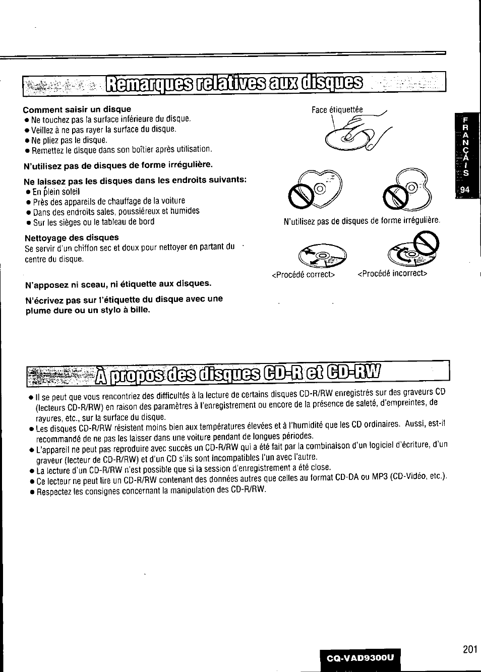 Comment saisir un disque, N’apposez ni sceau, ni étiquette aux disques, Jailmnibs 0(g[ja | Dlëglddss, Afeiniëq sqhb @g (himagp | Panasonic CQ VAD9300U User Manual | Page 201 / 304