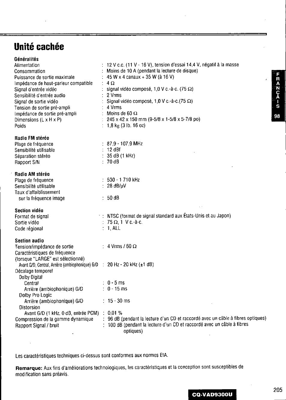 Unité cachée, Radio fm stéréo, Radio am stéréo | Panasonic CQ VAD9300U User Manual | Page 205 / 304