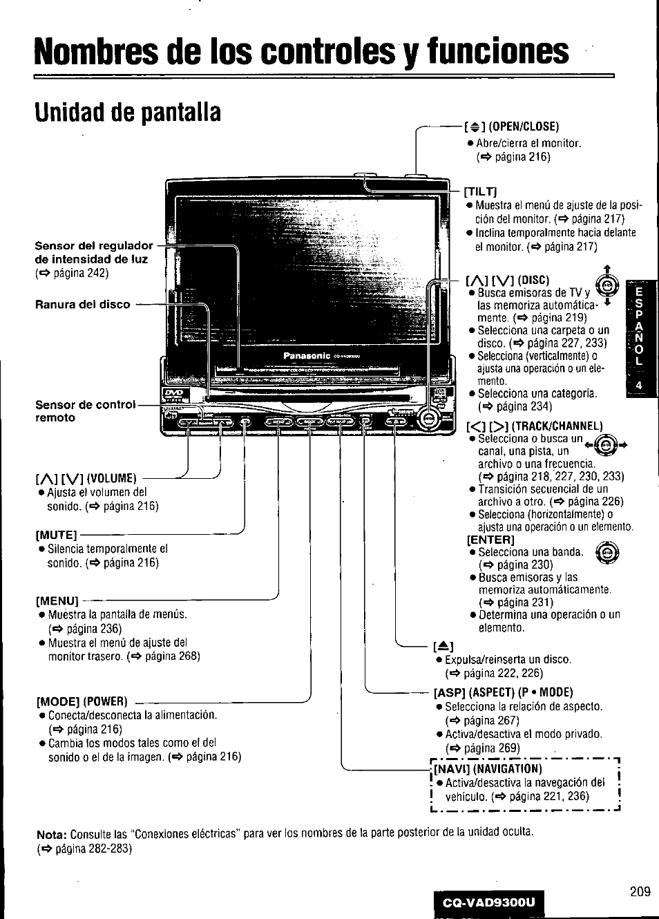 Nombres de los controles y funciones, Mode] (power), Open/close) | Track/channel), Asp] (aspect) (p • mode), Unidad de pantalla, A] [v, Altvkdisc) | Panasonic CQ VAD9300U User Manual | Page 209 / 304
