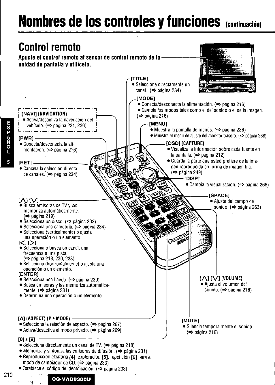 Nombres de los controles y funciones, A] (aspect) (p • mode), Control remoto | A] [v, Al [vi | Panasonic CQ VAD9300U User Manual | Page 210 / 304