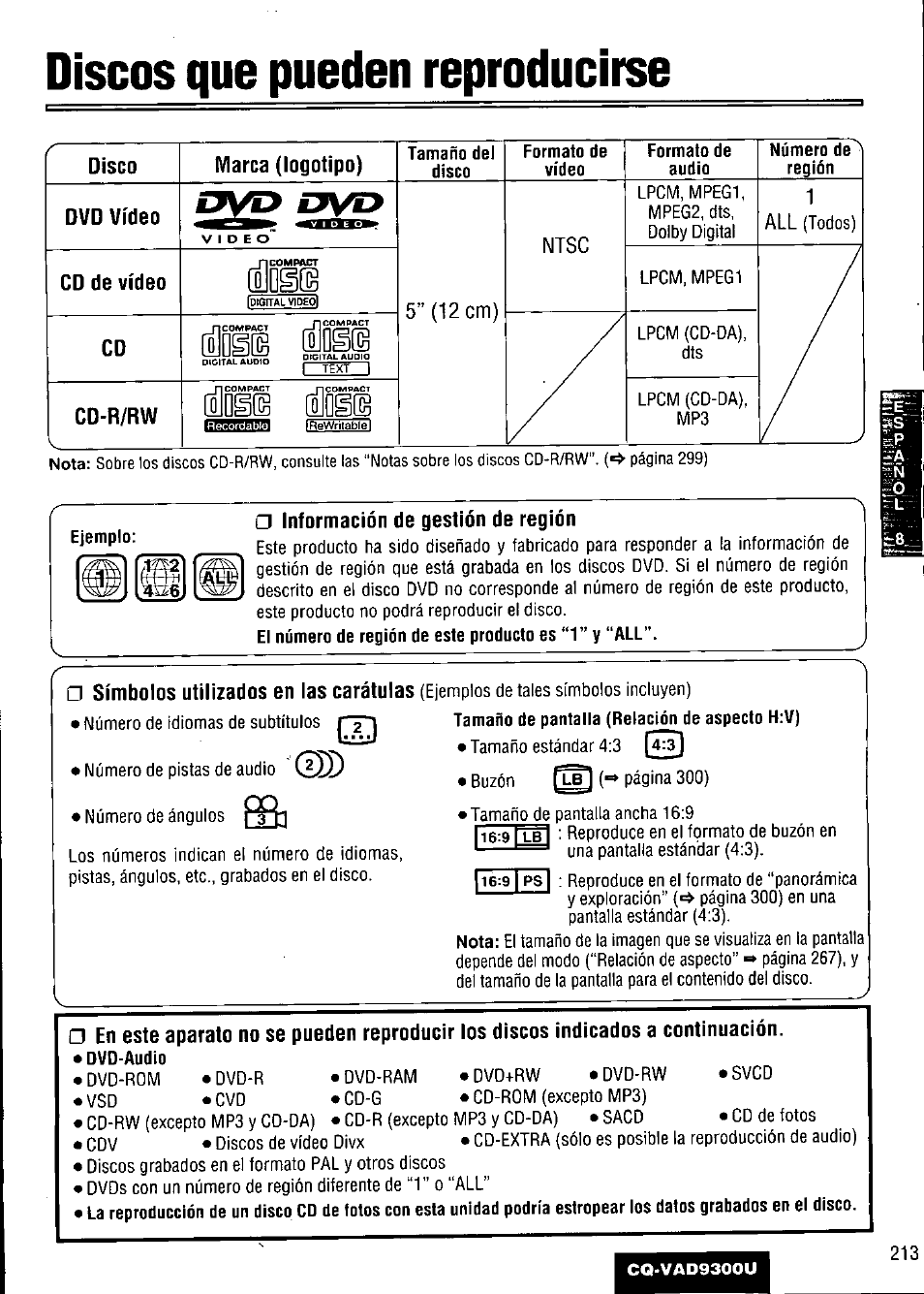 Discos que pueden reproducirse, G información de gestión de región, Disco marca (logotipo) dvd vídeo | Cd de vídeo, Üdie, Cd mwi talon, Cd-r/rw, Mm (âo@(s, Símbolos utilizados en las carátulas | Panasonic CQ VAD9300U User Manual | Page 213 / 304