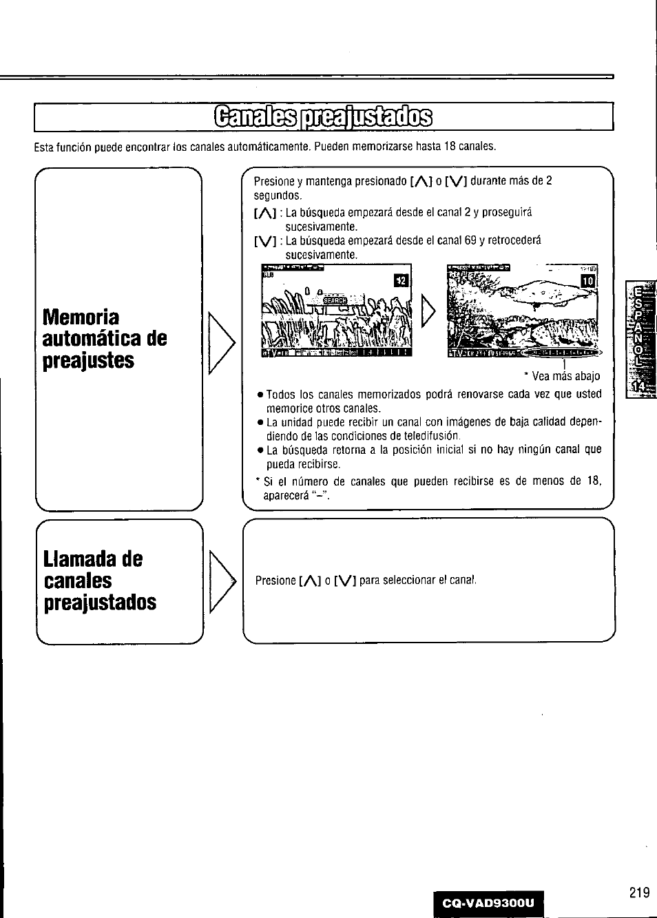 Memoria automática de preajustes, Liamada de, Canales | Preajustados | Panasonic CQ VAD9300U User Manual | Page 219 / 304