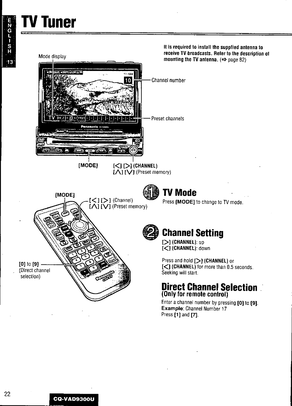 Tv tuner, Tv mode, Channel setting | Direct channel selection, Only for remote control) | Panasonic CQ VAD9300U User Manual | Page 22 / 304