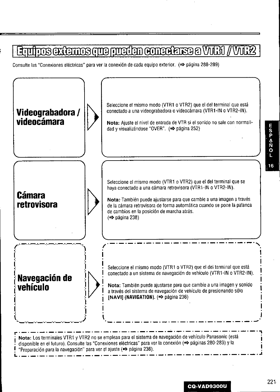Cámara, Retrovisora, SSwsq | Bjiifliijb (3æ, Rdb fínimm] bnngbiaisg a \m, Cámara retrovisora, Navegación de vehículo | Panasonic CQ VAD9300U User Manual | Page 221 / 304
