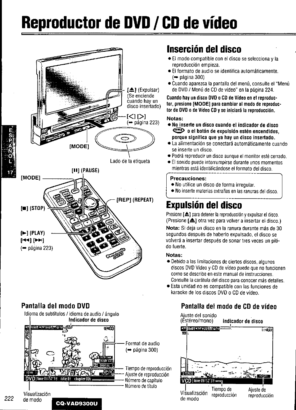Reproductor de dvd / cd de vídeo, Inserción del disco, Expulsión del disco | Pantalla del modo dvd, Pantalla del modo de cd de vídeo | Panasonic CQ VAD9300U User Manual | Page 222 / 304