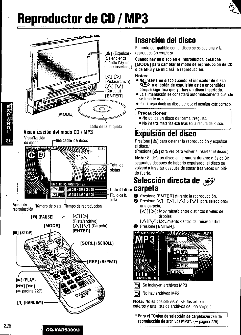 Reproductor de co / mp3, Visualización del modo cd / mp3, Inserción del disco | Expulsión del disco, Selección directa de m, Carpeta, Reproductor de cd/mp3, Reproductor de co / mp3 3, Selección directa de, A] [v | Panasonic CQ VAD9300U User Manual | Page 226 / 304