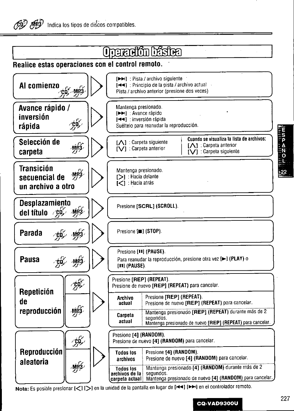 Presione [n] (pause), 1 (play) o, Шшшййршва | Realice estas operaciones con el control remoto | Panasonic CQ VAD9300U User Manual | Page 227 / 304