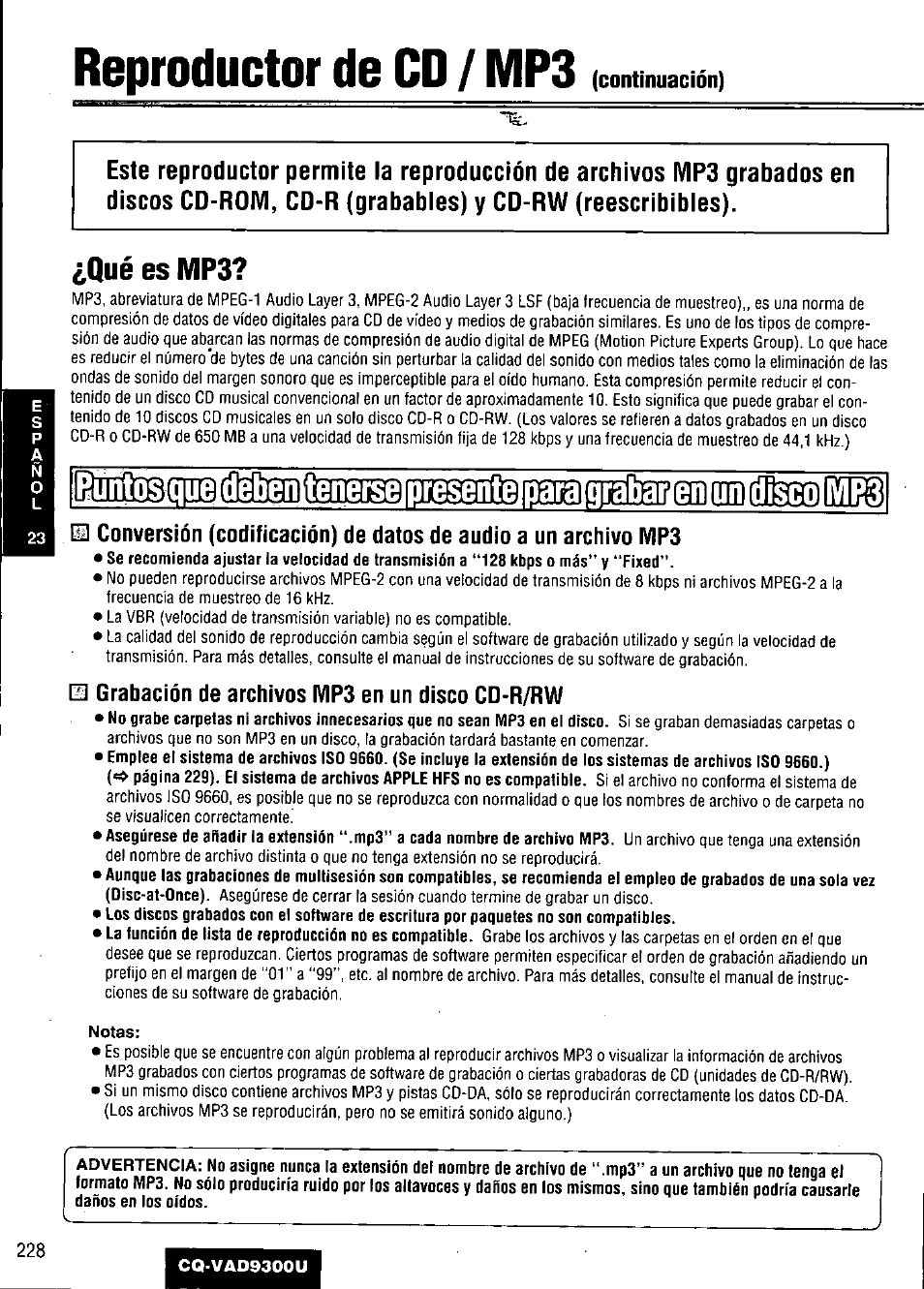 Reproductor de cd / mp3, Qué es mp3, Notas | Panasonic CQ VAD9300U User Manual | Page 228 / 304