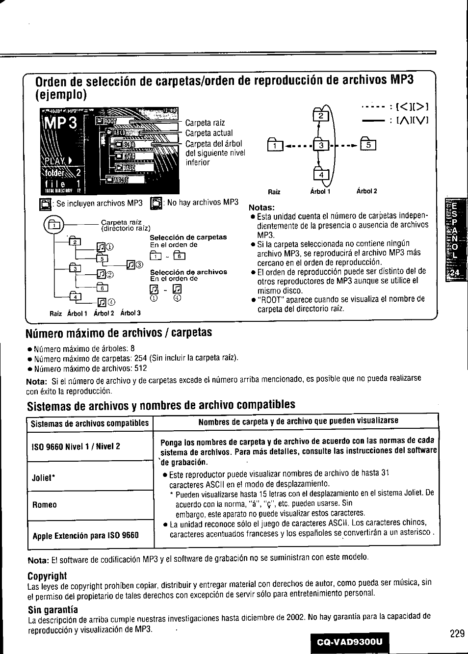 Notas, Copyright, Sin garantía | Lahvl, Número máximo de archivos / carpetas | Panasonic CQ VAD9300U User Manual | Page 229 / 304