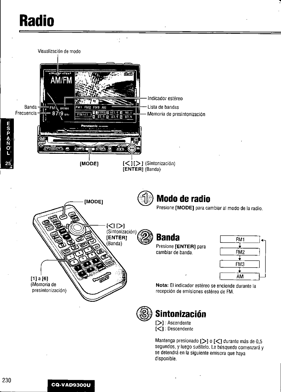 Radio, Modo de radio, Banda | Sintonización | Panasonic CQ VAD9300U User Manual | Page 230 / 304