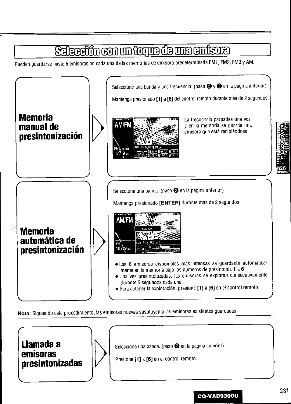 Memoria manual de presintonización, Memoria automática de presintonización, Llamada a | Emisoras, Presintonizadas, Qgqsaajìdeemgibiì, Llamada a emisoras presintonizadas, Am/fm | Panasonic CQ VAD9300U User Manual | Page 231 / 304