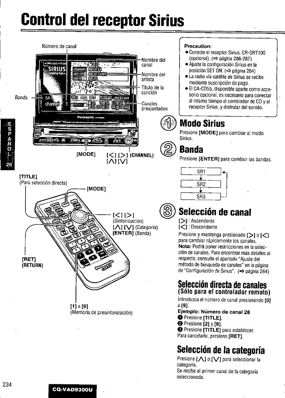 Control del receptor sirius, Precaution, Modo sirios | Banda, Seiección de canai, Selección directa de canales, Sólo para el controlador remoto), Selección de la categoría, Control del receptor, Sirius | Panasonic CQ VAD9300U User Manual | Page 234 / 304
