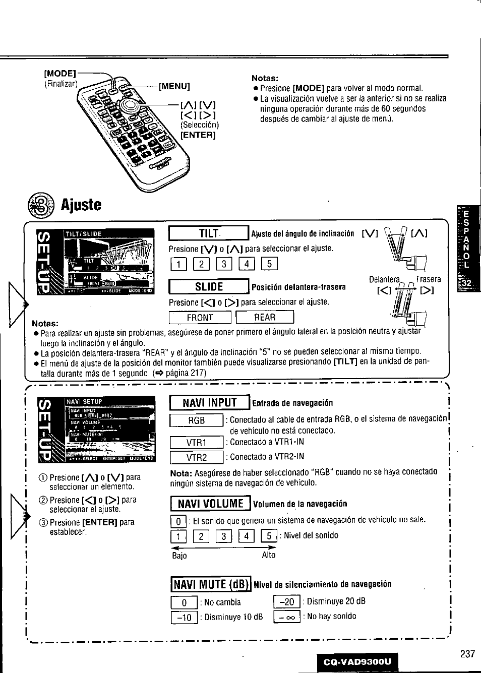 Ajuste, Tilt, Ajuste del ángulo de inclinación [vi ^^ [л | Sude, Posición delantera-trasera, Navi input, Entrada de navegación, Navi volume, Volumen de la navegación, T] ш ш ш s | Panasonic CQ VAD9300U User Manual | Page 237 / 304