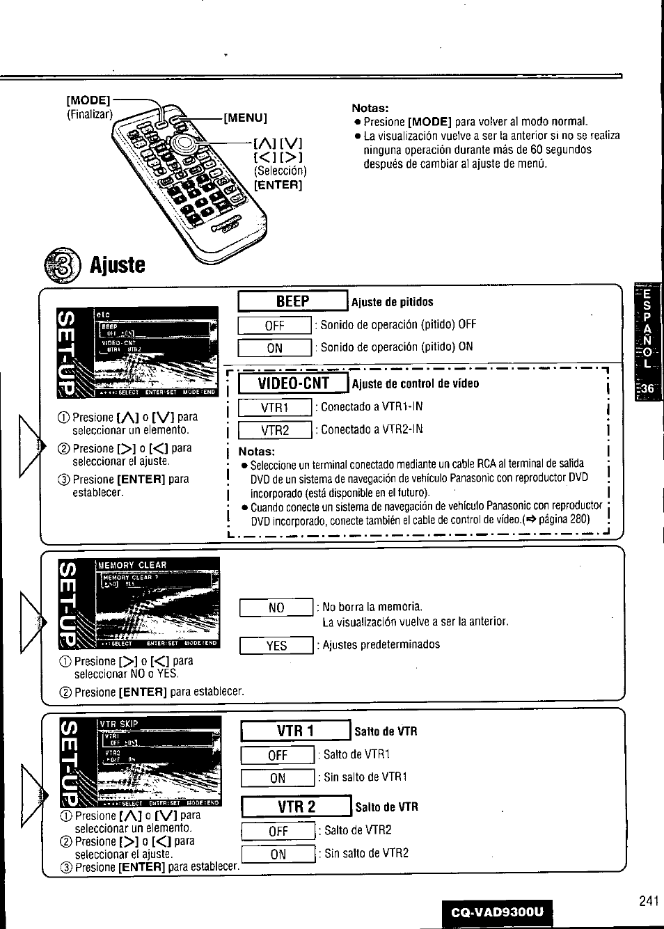 Ajuste, Ajuste de pitidos, I notas | Vtr1, Salto de vtr, Vtr 2, Sallo de vtr, Ajuste /1, Ía] [vj, Al o ívl | Panasonic CQ VAD9300U User Manual | Page 241 / 304