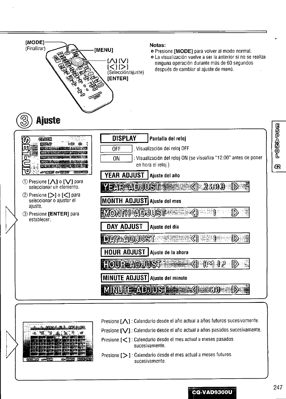 Display, Pantalla del reloj, Year adjust | Vi p^ira | Panasonic CQ VAD9300U User Manual | Page 247 / 304