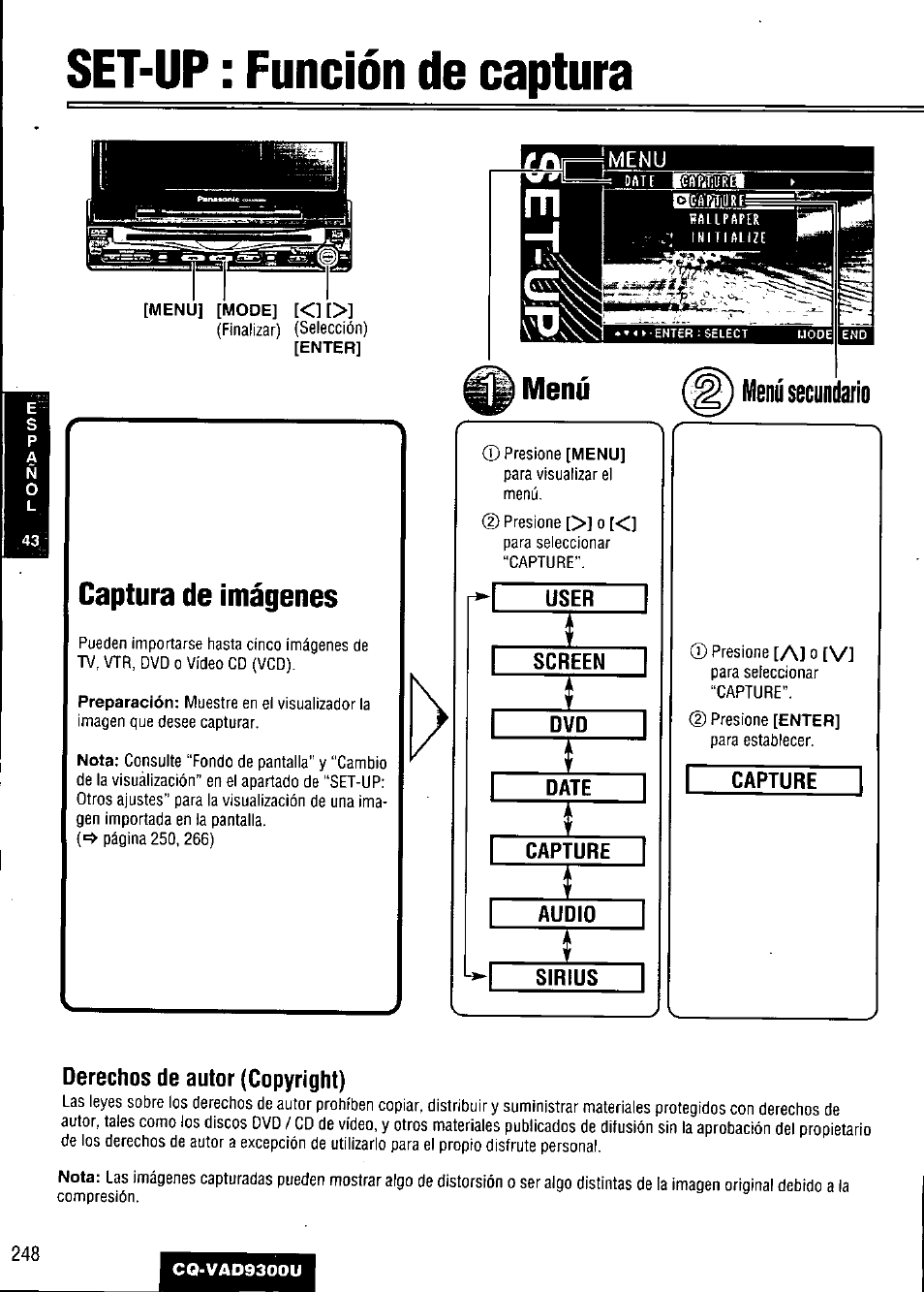 Set-up : función de captura, Captura de imágenes, User | Screen, Date, Capture, Audio, Sirius | Panasonic CQ VAD9300U User Manual | Page 248 / 304