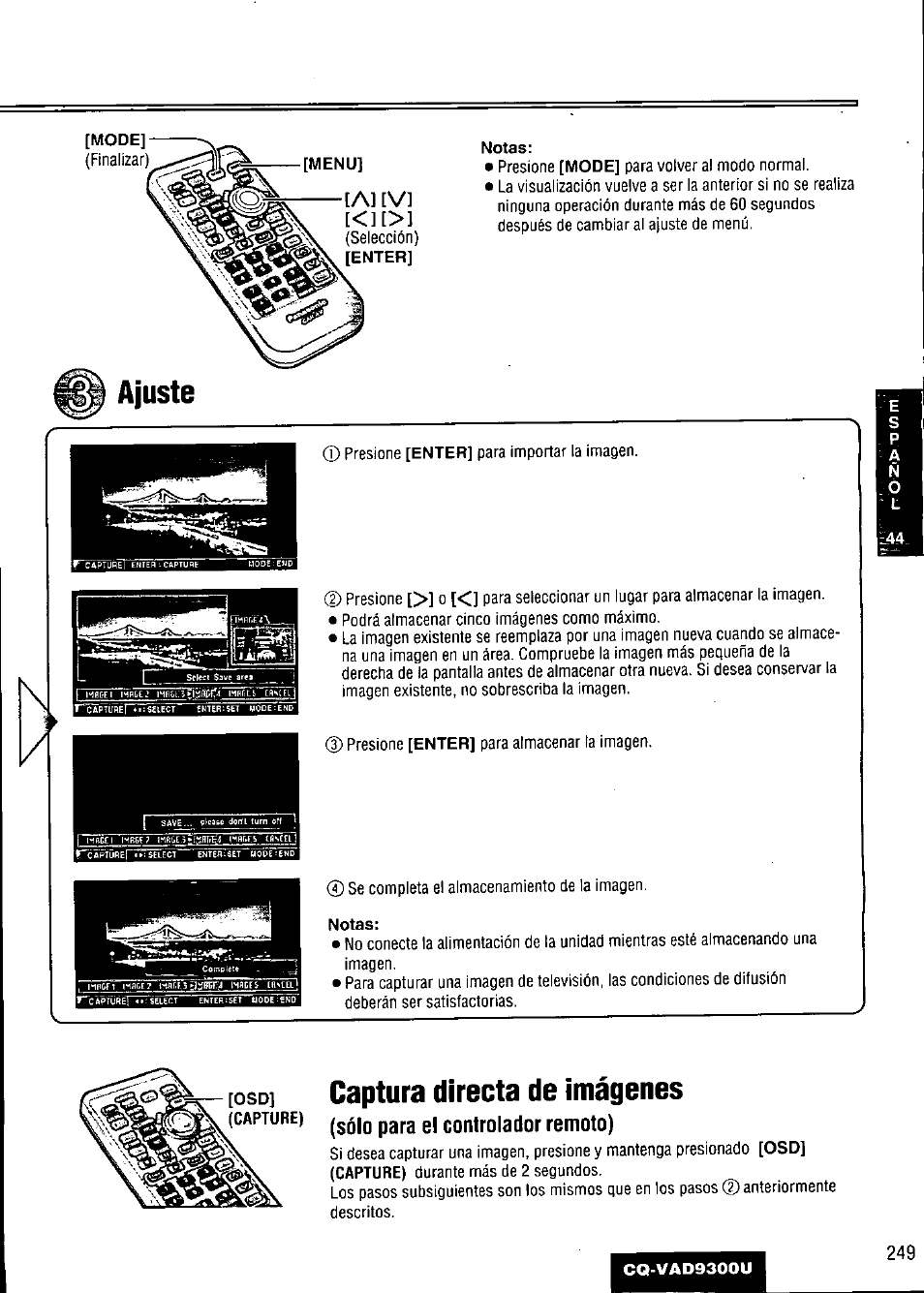 Captura directa de imágenes, Sólo para el controlador remoto), Ajuste к | Л] [v | Panasonic CQ VAD9300U User Manual | Page 249 / 304