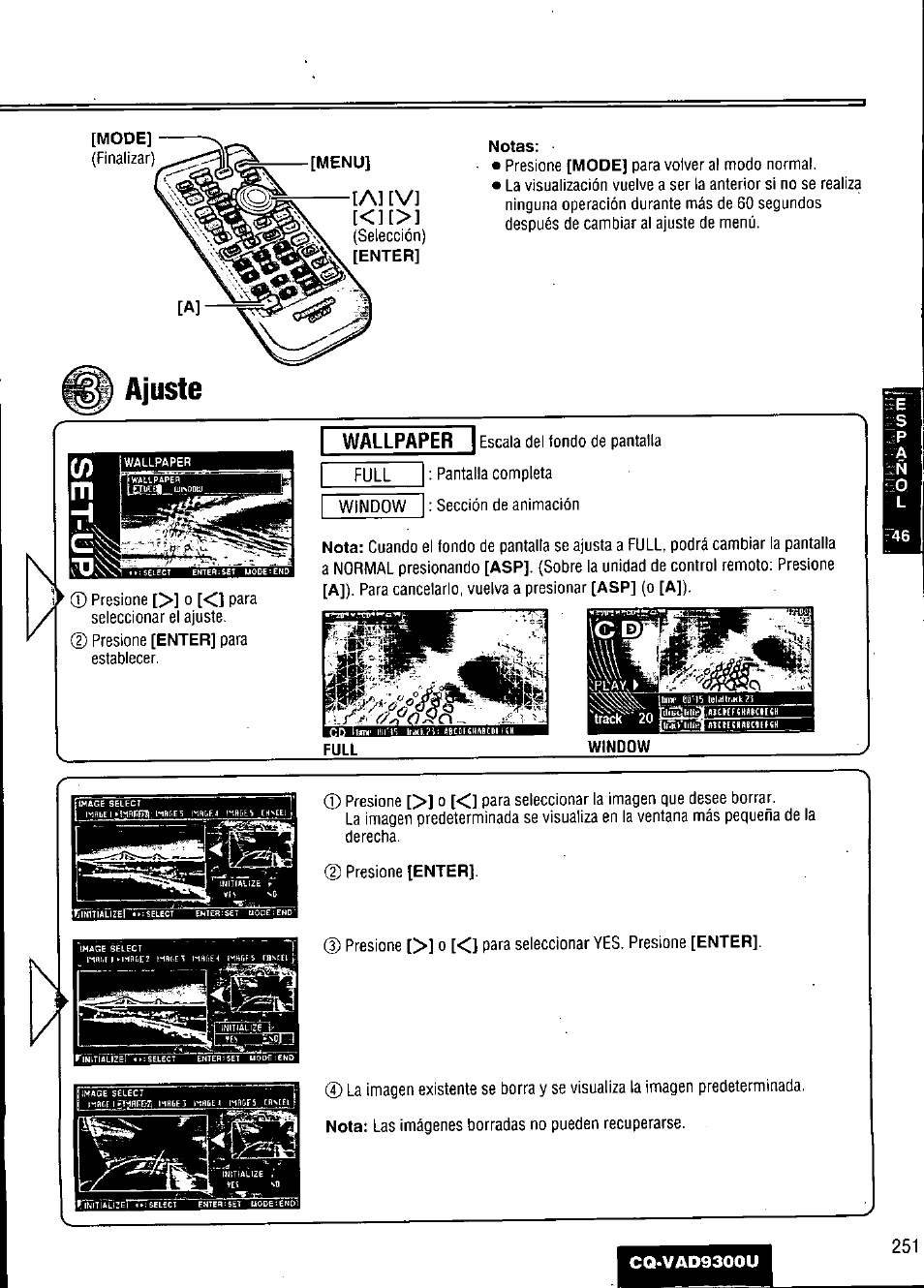 Notas, Ajuste, Ia] [v | Panasonic CQ VAD9300U User Manual | Page 251 / 304