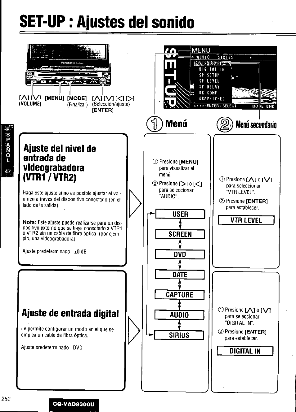 Set-up : ajustes del sonido, User, Screen | Date, Capture, Audio, Sirius, Vtr level, Digital in, Ajuste de entrada digital | Panasonic CQ VAD9300U User Manual | Page 252 / 304