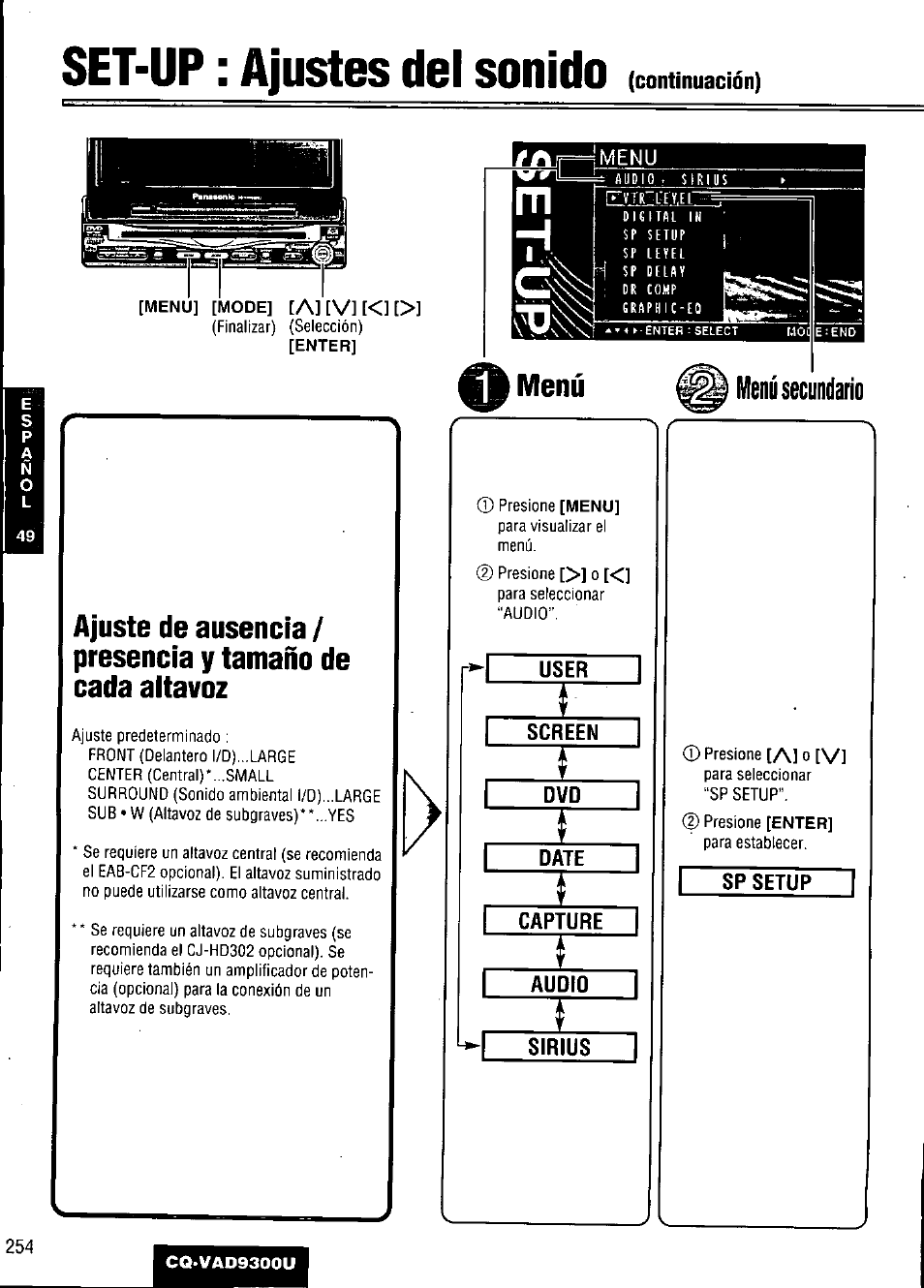 Set-up : ajustes del sonido, User, Screen | Date, Capture, Audio, Sirius, Sp setup | Panasonic CQ VAD9300U User Manual | Page 254 / 304