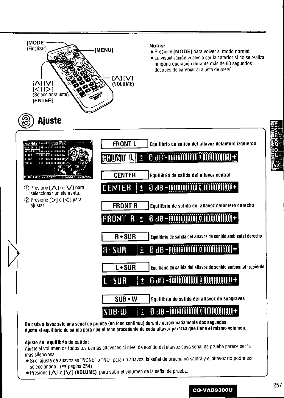 Ajuste, Front l, Center !i | Front ri i 0 db-miïûiüïioiïilimi'rt, Front ri i, Db-miïûiüïioiïilimi'rt, Al [vi, A] o [vi | Panasonic CQ VAD9300U User Manual | Page 257 / 304