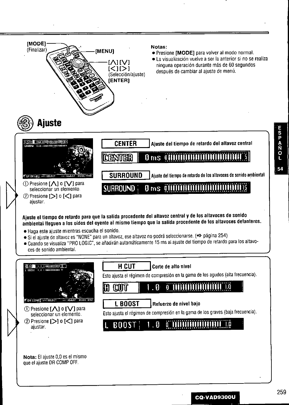 Ajuste, Center, Ajuste del tiempo de retardo del altavoz central | Surround, H cut, Carte de alto nivel, I lboost, Retuerzo de nivel bajo, A] [v, Al o [vi | Panasonic CQ VAD9300U User Manual | Page 259 / 304