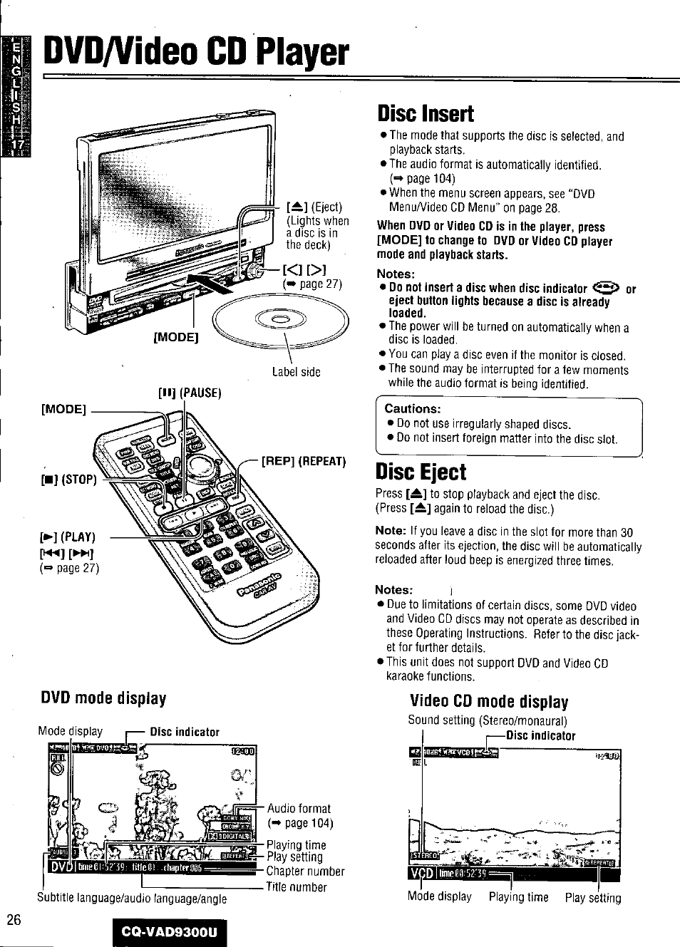Dvd/video cd player, Disc insert, Notes | Cautions, Disc eject, Notes: i, Dvda/ideo cd player | Panasonic CQ VAD9300U User Manual | Page 26 / 304