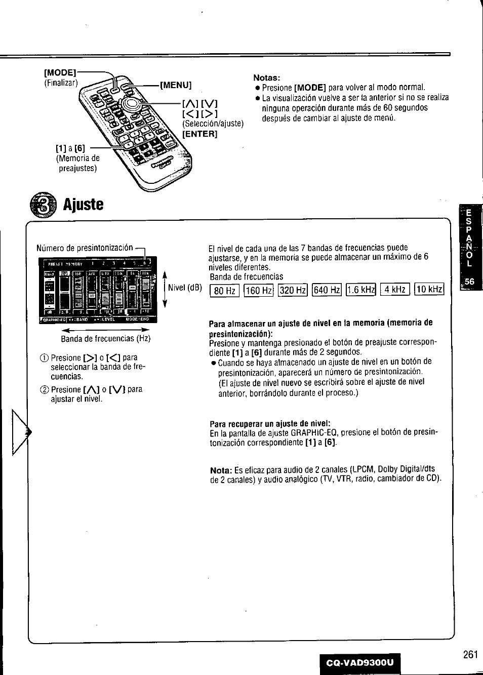 Ajuste, Para recuperar un ajuste de nivel, Al [v | Panasonic CQ VAD9300U User Manual | Page 261 / 304