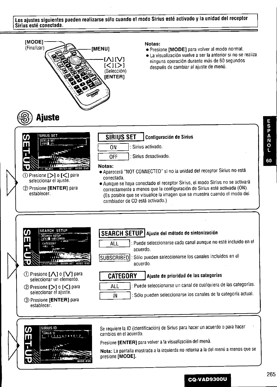 Notas, Ajuste, Sirius set | Configuración de sirius, Search setup ajuste del método de sintonización, Category ajuste de prioridad de las categorías, Set-up : configuración de sirius | Panasonic CQ VAD9300U User Manual | Page 265 / 304