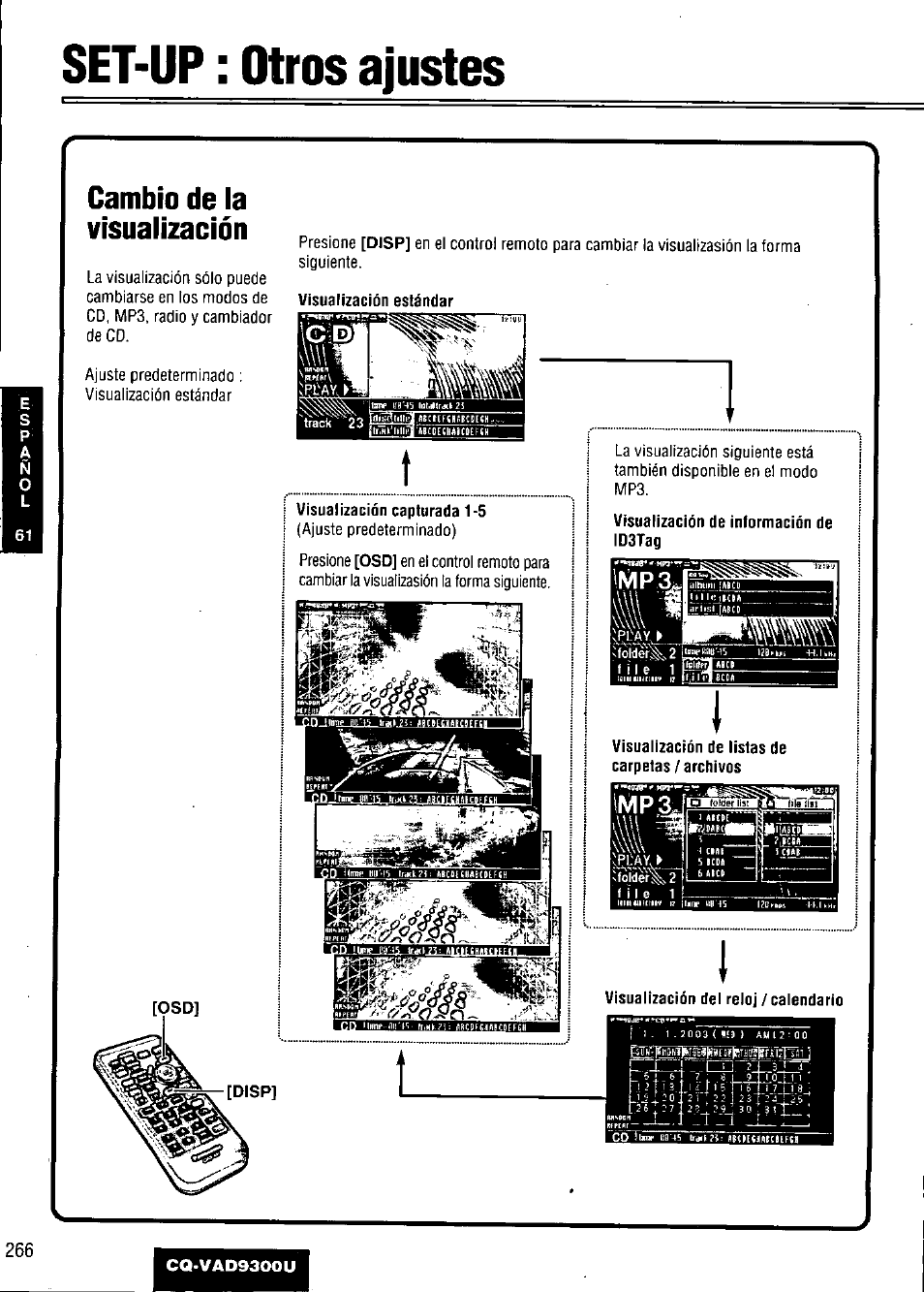 Set-up : otros ajustes, Cambio de la visualización, Visualización capturada 1-5 | Visualización de información de id3tag | Panasonic CQ VAD9300U User Manual | Page 266 / 304