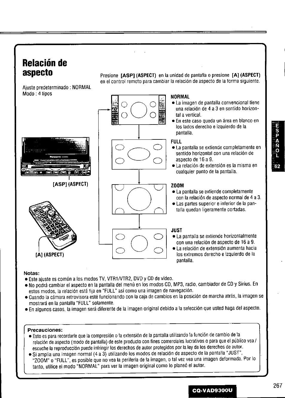 Normal, Full, Zoom | Just, Relación de aspecto | Panasonic CQ VAD9300U User Manual | Page 267 / 304