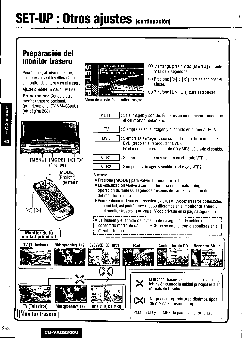 Set-up : otros ajustes, Preparación del monitor trasero | Panasonic CQ VAD9300U User Manual | Page 268 / 304