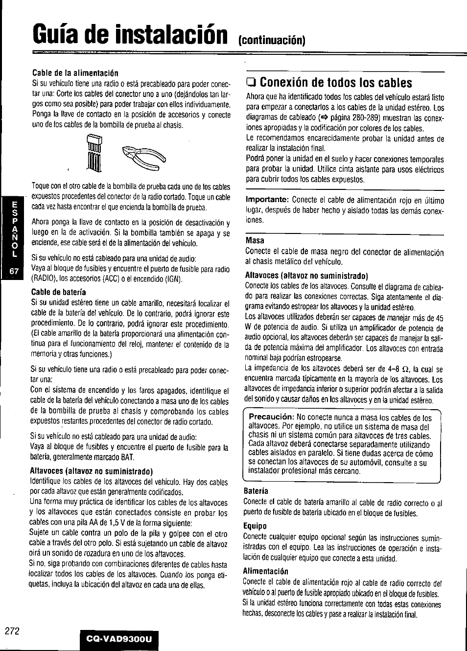 Guía de instalación, Cable de la alimentación, Cable de batería | Conexión de todos los cables, Masa, Batería, Alimentación | Panasonic CQ VAD9300U User Manual | Page 272 / 304