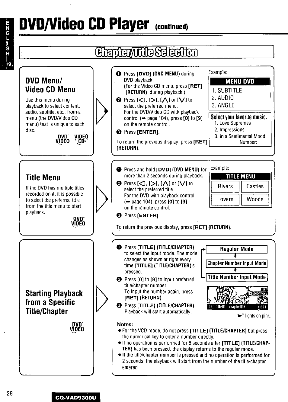 Dvd/video cd player, Dvd menu/ video cd menu, Title menu | Starting playback from a specific titte/chapter, Menu dvd, Select your favorite music | Panasonic CQ VAD9300U User Manual | Page 28 / 304
