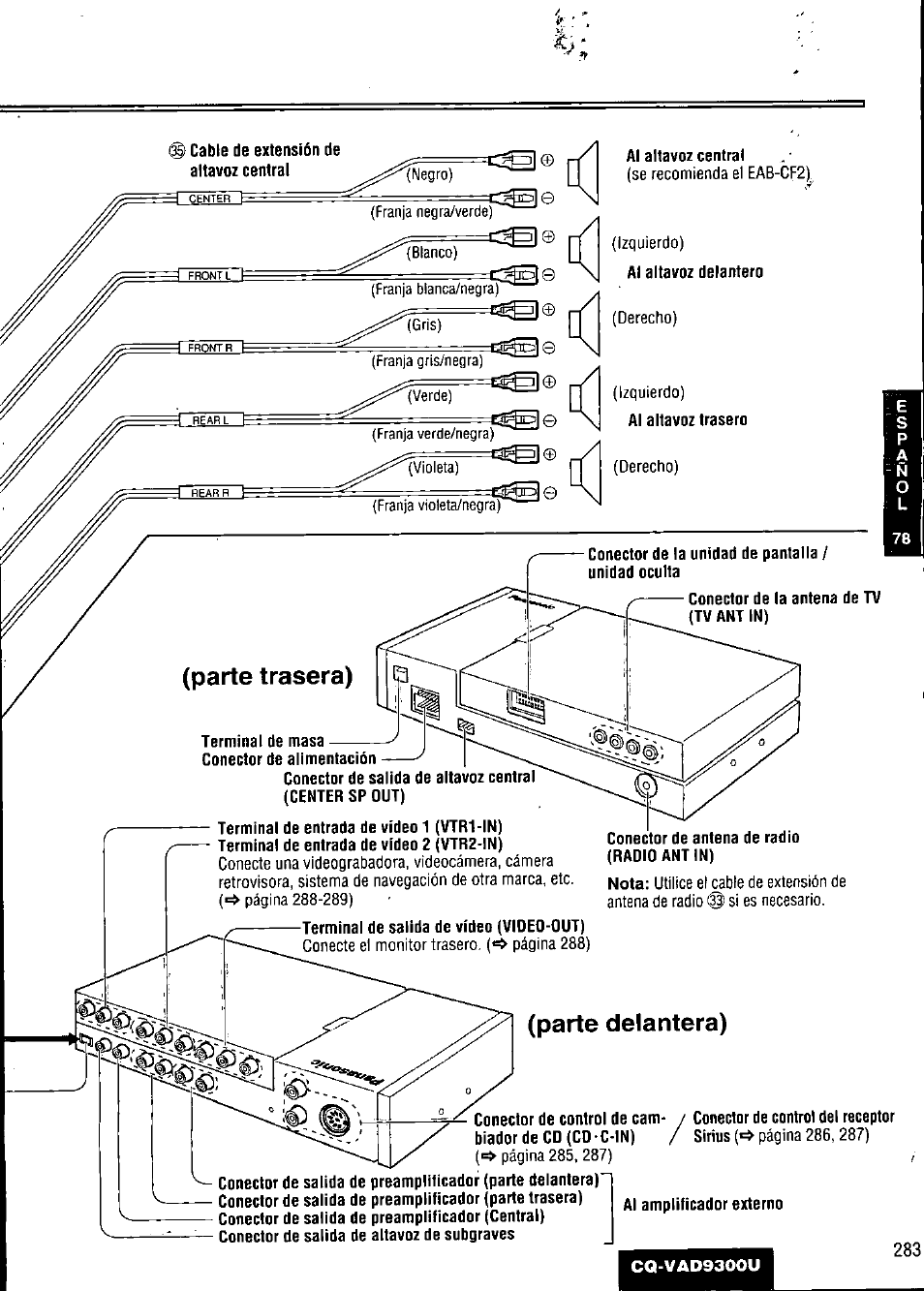 Parte delantera), Parte trasera) | Panasonic CQ VAD9300U User Manual | Page 283 / 304