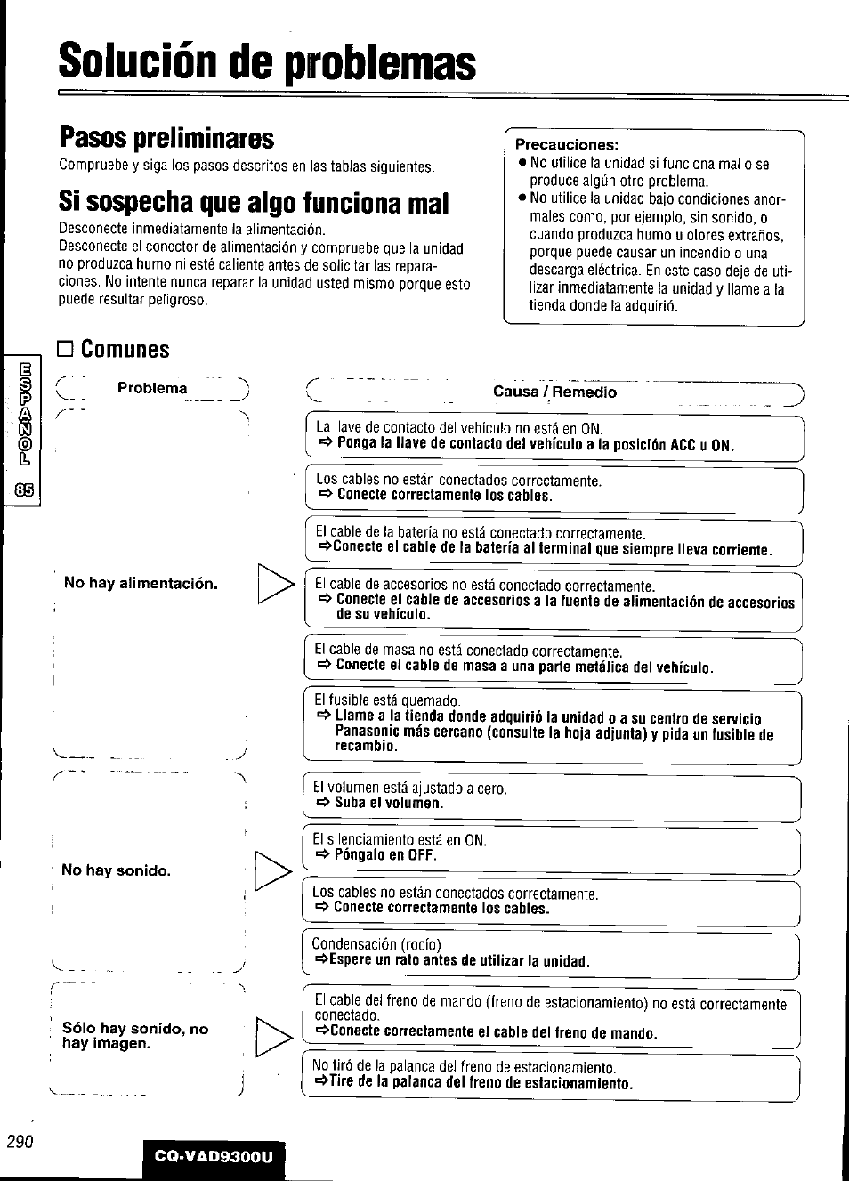 Solución de problemas, Pasos preliminares, Si sospecha que algo funciona mal | Comunes, Problema, Causa / remedio, No hay alimentación, Sólo hay sonido, no hay imagen | Panasonic CQ VAD9300U User Manual | Page 290 / 304