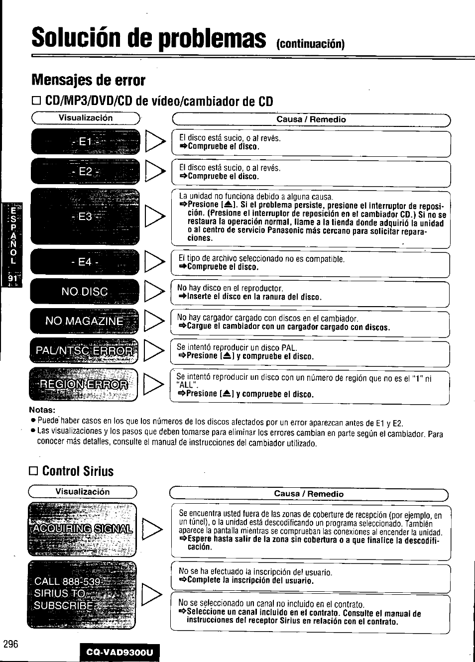 Solución de problemas, Mensajes de error, Cd/mp3/dvd/cd de vídeo/cambíador de cd | Control sirius | Panasonic CQ VAD9300U User Manual | Page 296 / 304