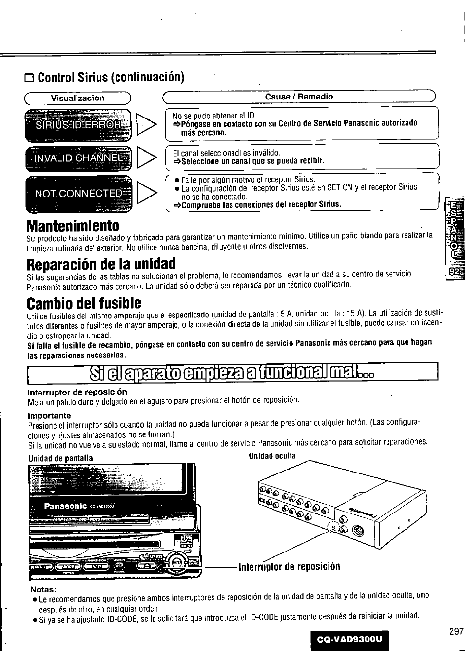 Control sirius (continuación), Slrlüstld!erb©b, Mantenimiento | Reparación de la unidad, Cambio del fusible | Panasonic CQ VAD9300U User Manual | Page 297 / 304