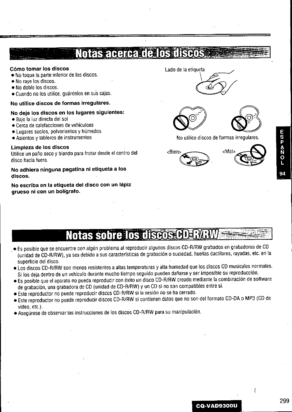 Notas sonifeilos^di^relgdmrmí, Notasiiaceicaéyeél^ imis | Panasonic CQ VAD9300U User Manual | Page 299 / 304