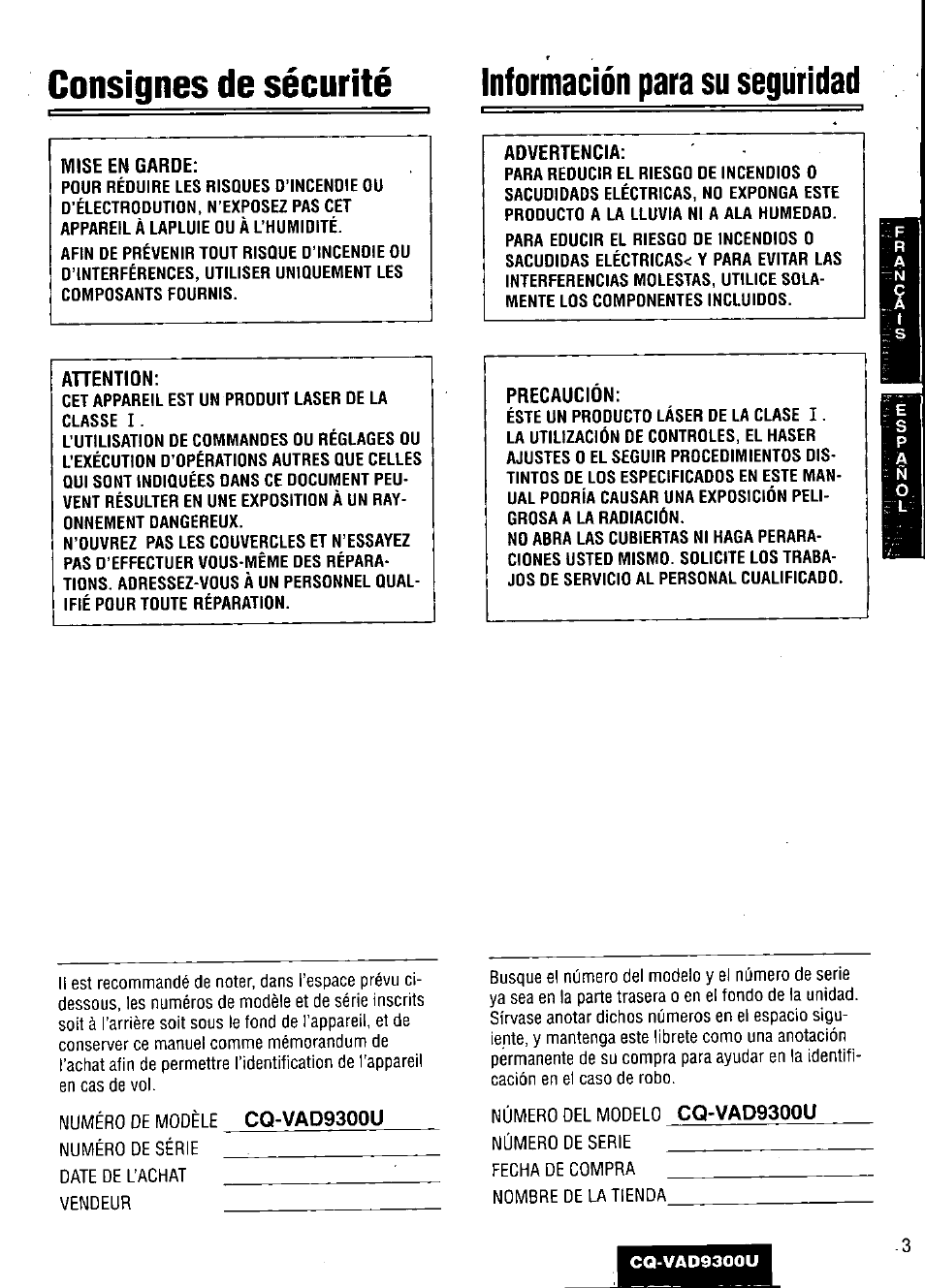 Mise en garde, Advertencia, Ahention | Precaucion, Cq-vad9300u | Panasonic CQ VAD9300U User Manual | Page 3 / 304