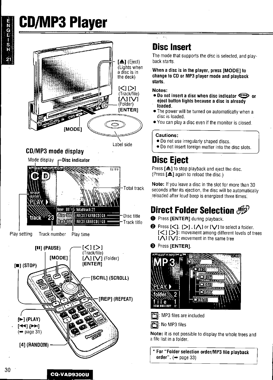 Cd/mps player, Ii] (pause), Play) | Disc insert, Disc eject, Direct folder selection, Cd/mp3 player | Panasonic CQ VAD9300U User Manual | Page 30 / 304