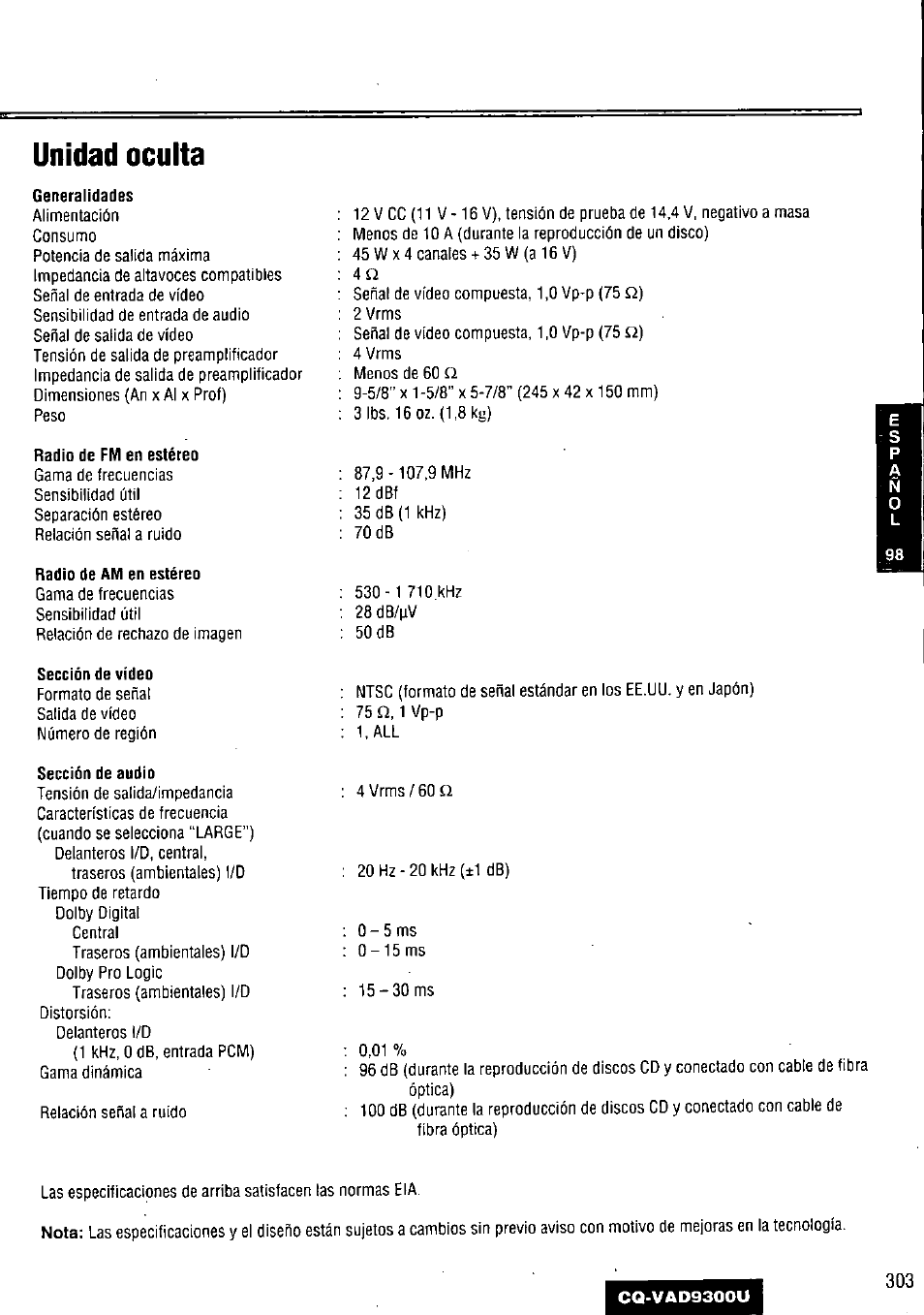 Unidad oculta | Panasonic CQ VAD9300U User Manual | Page 303 / 304