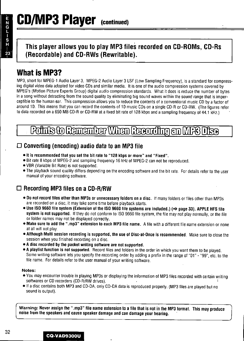 Cd/mp3 player, What is mp3, Converting (encoding) audio data to an mp3 file | Recording mp3 files on a cd-r/rw | Panasonic CQ VAD9300U User Manual | Page 32 / 304